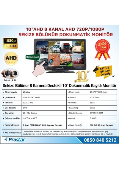 10 İnç 8 Kanal Dokunmatik Ahd 1080p/720p Kayıtlı Araç Monitörü 12-24v