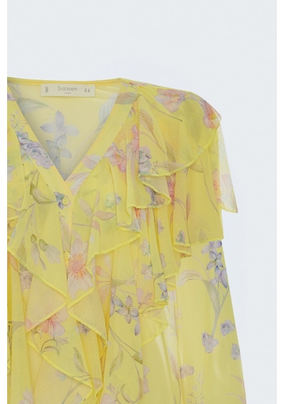 Sateen Fırfır Detaylı Desenli Gömlek - Sarı-137788
