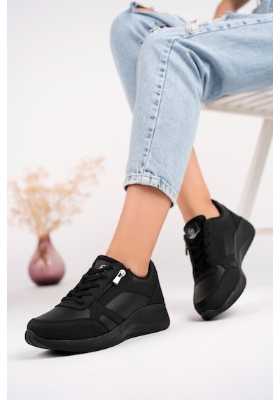 Muggo Asel Garantili Kadın Ortopedik Günlük Bağcıklı Yandan Fermuarlı Rahat Sneaker Spor Ayakkabı Siyah
