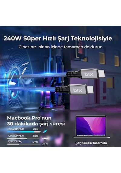 Bix BXCC242 USB4 240W 40Gbps 8K UHD Şarj Görüntü Kablosu 1 Metre