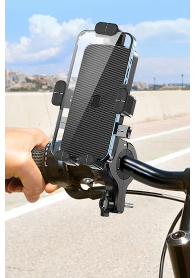 Thentech Motorsiklet Bisiklet Scooter Gidon Bağlantılı Korumalı Sarsılmaz Düşmez Telefon Tutucu Oto Kilitli Siyah