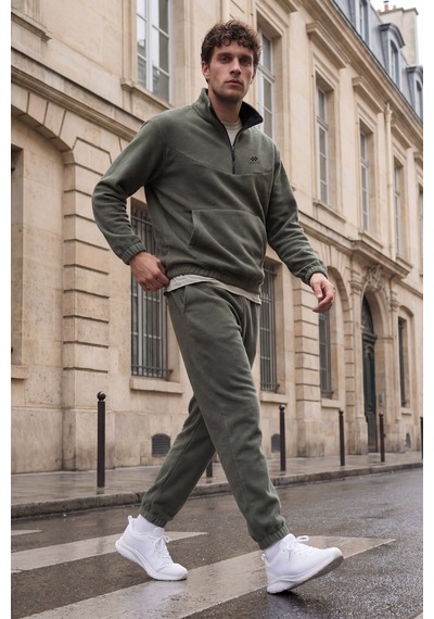 Tommy Life Çağla Yarım Fermuar Dik Yaka Lastik Paça Polar Erkek Eşofman Takımı - 85159 Yeşil