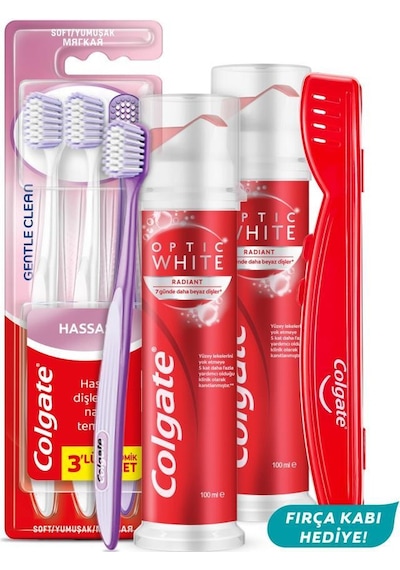 Optic White Radiant Pump 100 Ml 2li Diş Macunu, Gentle Clean 2+1 Diş Fırçası + Fırça Kabı Hediye