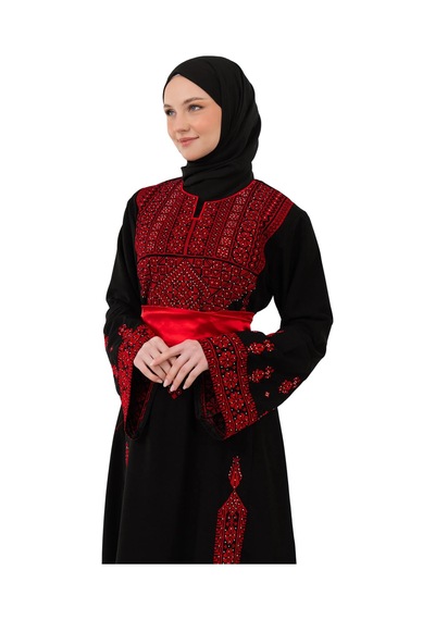 Zaytoon Filistin Nakışlı Modern Siyah Kaftan Elbise - Geleneksel Şıklık Kırmızı