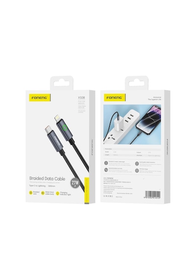 Foneng Xs08 27w Type-c To Lightning Işıklı Örgü 1.2m Hızlı Data Ve Şarj Kablosu
