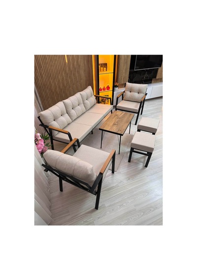Houseart Balkon, Bahçe - Metal Kanepe Koltuk Takımı 3+1+1 + 2 Adet Puf + Sehpa Krem
