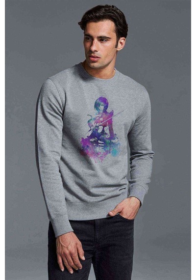 Anime Attack On Titan Baskılı Gri Erkek Örme Sweatshirt (530946941)