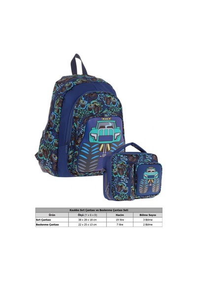 Kaukko Kids Kamyon Detaylı Okul Çantası L5261 Ve Thermo Beslenme Çantası L7261 Seti - Erkek Çocuk Lacivert - Yeşil