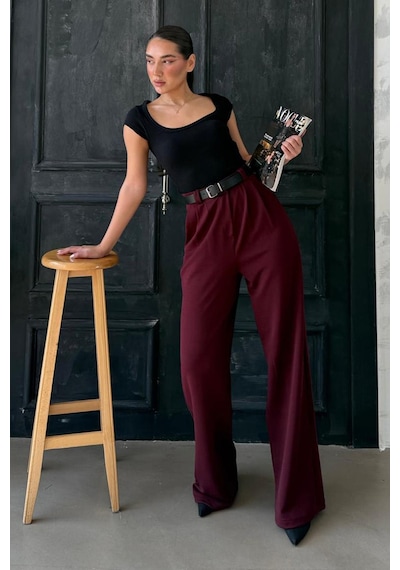 Madmext Bordo Çift Pileli Kemerli Pantolon Mg2330 Bordo
