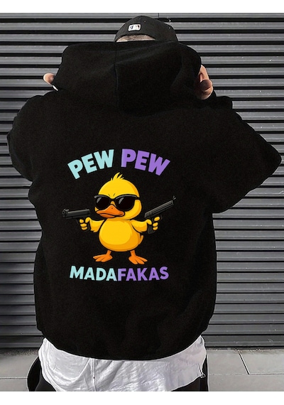 Uyguntarz Unisex Pew Pew Karikatur Baskılı Tasarım Oversize Sweatshirt siyah