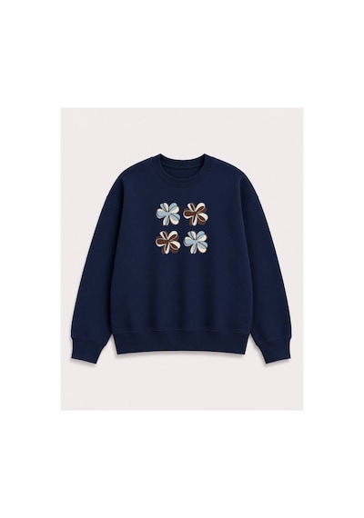 Herkesemoda Çiçek Baskılı 2 İplik Şardonlu Bisiklet Yaka Sweatshirt Lacivert