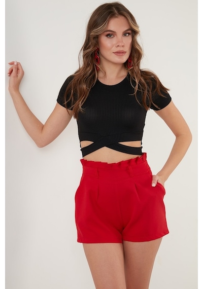 Lela Fitilli Bel Detaylı Kısa Kollu Dar Kesim Crop Bayan Bluz 5864211 Siyah