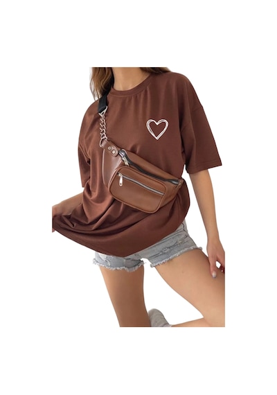 Kalp Baskılı Unisex Oversize Tişört Kahve
