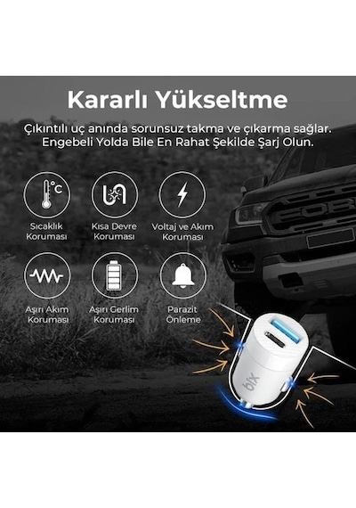 Bix 65w Type-c Pd 3.0 Ve Usb-a Çift Portlu Araç İçi Hızlı Şarj Cihazı Beyaz