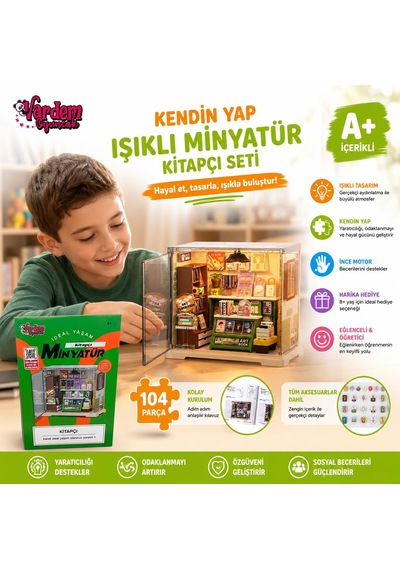 Vardem Kendin Yap Işıklı Minyatür Kitapçı Dükkanı Seti 104 Parça, Dıy Oyuncak Maket Hobi Seti, 8+ Yaş Çocuklar İçin Eğitici Ve Yaratıcı Aktivite Oyuncağı Ep606