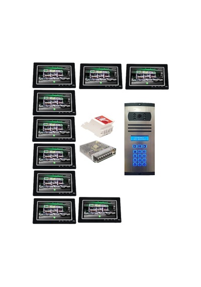 9 Daire Nts 2015-s 7'' Görüntülü Diafon Siyah-8003 Tuş Takımlı Şifreli Zil Panelli Set