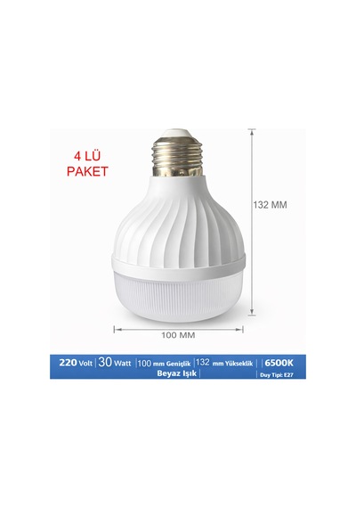Led Ampul 220 Volt 30 Watt 3300 Lümen Beyaz Işık 6500 K Işık Sıcaklığı Hüzme Açısı 240 Derece