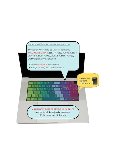 Macbook Arapça Klavye Koruyucu Uk Ters L Enter M1-m5 A2681 A3113 A3240 A3449 A2941 A3241 A2442 A2779 A2992 A2485 A2991 Arabic Keyboard Cover Pembe Yeşil