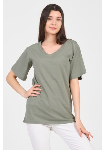 As Collection Yeşil V Yaka Kısa Kol Boyfriend Kadın T-shirt Yeşil