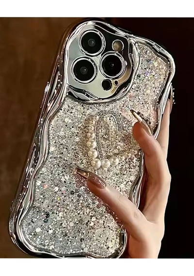 Caş Dekorasyon Gri Renk Simli Kalpli 13 Pro Max Telefon Kılıfı Gri