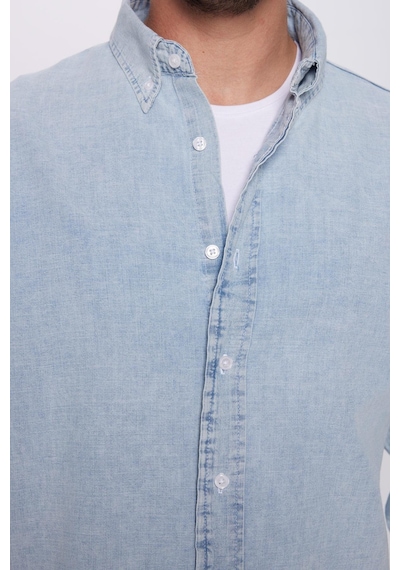 Tudors Erkek Relax Fit Rahat Kesim %100 Pamuk Denim Kot Mavi Düğmeli Yaka Gömlek-32128 Mavi