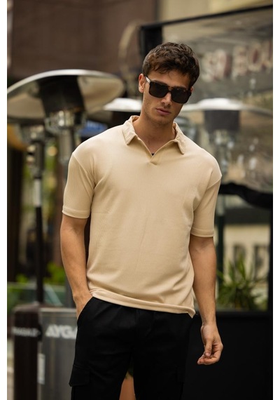 Glasses V Yaka Oversize Fitilli T-shirt - Bej Kahve
