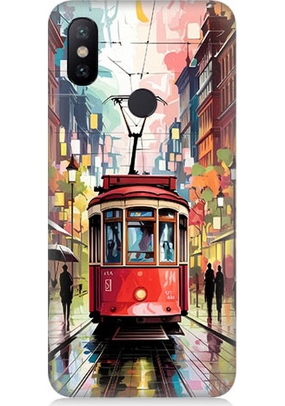 Xiaomi Redmi Note 6 Pro Uyumlu Yağmurda Kırmızı Tramvay Desenli Silikon Kılıf Çok Renkli