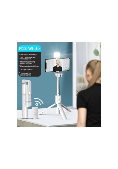 R1s Selfie Çubuğu Led Işıklı Bluetooth Kumandalı Özçekim Sopası Yatay Dikey Kullanılabilen Tripod
