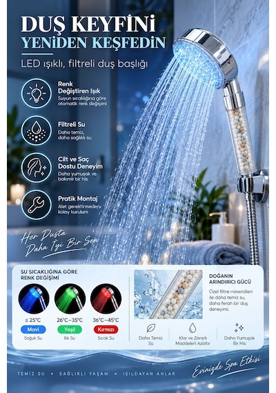 Sıcaklığa Duyarlı Led'li Arıtmalı Duş Başlığı Krom