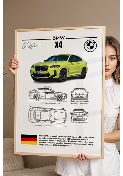 Bmw X4 Tablo - Teknik Özellikli Alman Spor Coupe Suv Poster - Çerçeveli Duvar Dekoru - Blueprint Kayın