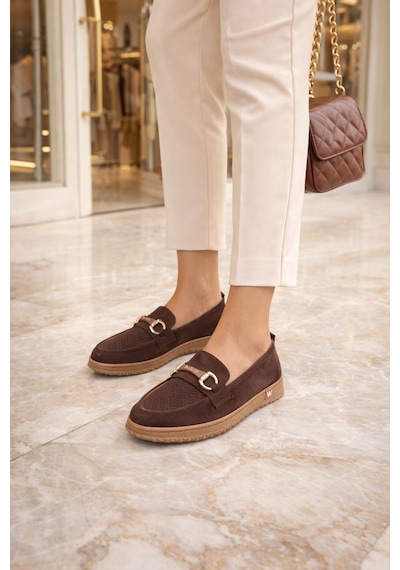Modaonn Kadın Süet Tokalı Loafer Kahverengi