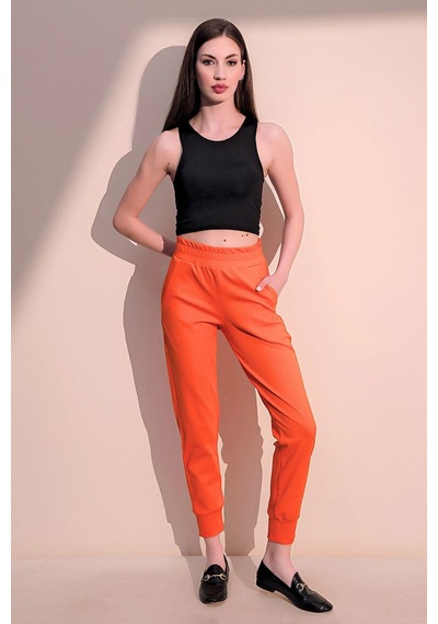 Kadın Oranj Rahat Dokulu Kumaş Cepli Beli Lastikli Paça Jogger Spor Pantolon Oranj