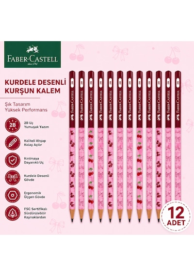 Faber-castell Cherry Desenli Kurşun Kalem 12 Adet 2b Yuvarlak Gövde Kırmızı