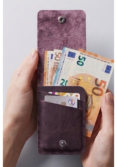 Luvo %100 Gerçek Deri El Yapımı 3 Bölmeli 9 Kart Kapasiteli Cüzdan Premium Kompakt Kartlık Mor
