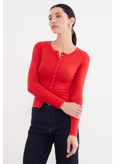 Fullamoda Önü Çıtçıtlı Ribanalı Slim Fit Bluz Kırmızı