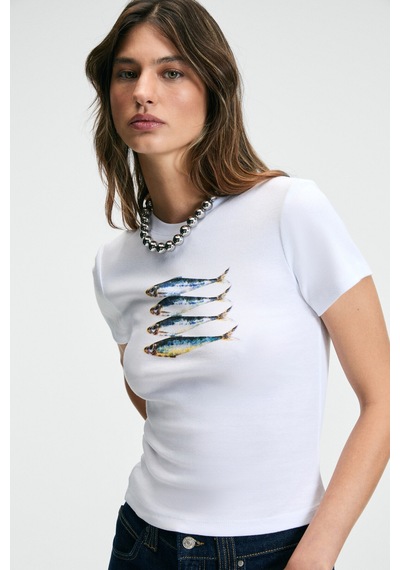 Grımelange ATHEA Kadın Bisiklet Yaka Kısa Kollu Önü Baskılı Slim Beyaz T-Shirt