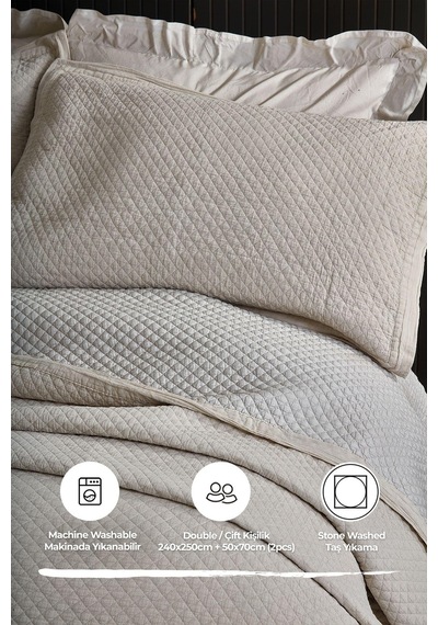 Evlen Home %100 Pamuk Çift Kişilik Özel Taş Yıkama Yatak Örtüsü Lüks Yumuşak Dayanıklı Modern Vitali Bej