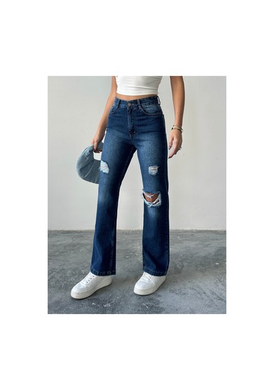 Blue Marlin Kadın Lazer Yırtık İşlemli Boyfriend Kot Bol Paça Pantolon Lacivert