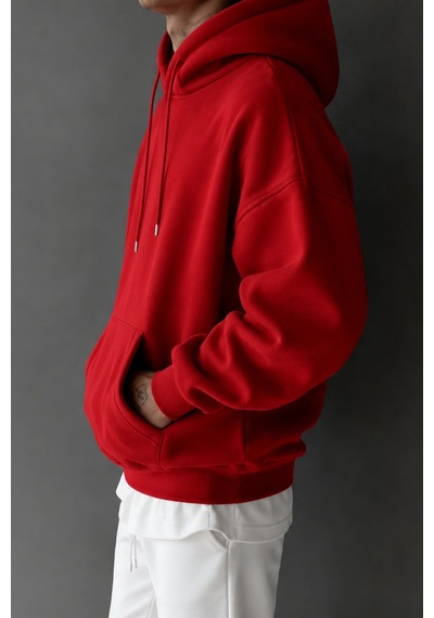 Tarz Cool Regular Kapüşonlu Sweatshirt Erkek Unisex 3 İplik Şardonlu %100 Pamuk Basic Hoodie Kırmızı