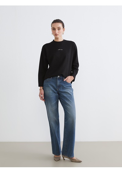 Lcw Comfort Siyah Bisiklet Yaka Nakışlı Kadın Sweatshirt