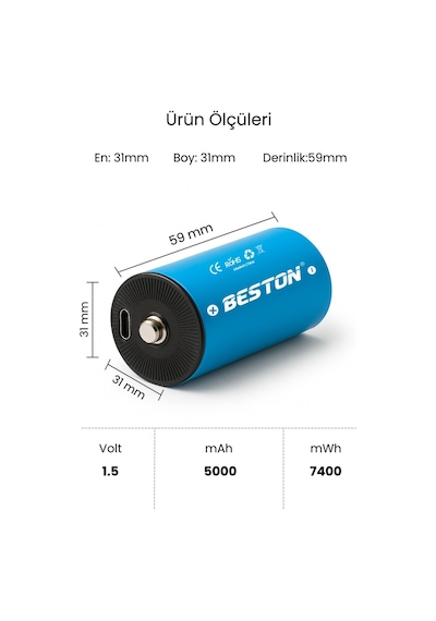 D Tipi Şarjlı Tombul Pil Usb-c Şarjlı 1.5v Lityum Büyük Pil Kalın Pil 6000mwh Radyo Pili Xl 1 Adet