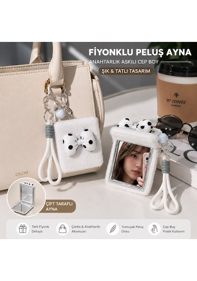 Beyaz Peluş Siyah Beyaz Fiyonk Tasarımlı Çift Taraflı Katlanabilir Makyaj Aynası Çanta Aksesuarı Çok Renkli
