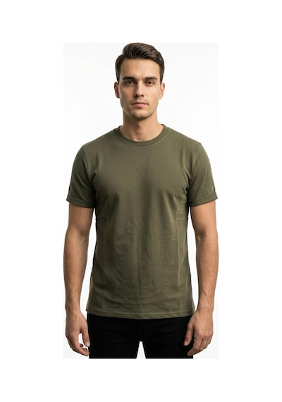 Plus Scorpion T02 Kol Katlama Erkek Slim Fit Basic Tişört Bisiklet Yaka, Düz Kumaş, Yazlık Model Haki