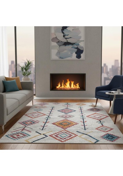 Krem Ve Çok Renkli Boho Motifli Otantik Dijital Baskı Halı Kaymaz Tabanlı, Geometrik Desenli Taban