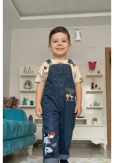 Nota Kids Baskılı Çocuk Kot Salopet Trend 2 Parça Kombin 3-6 Yaş Çok Renkli
