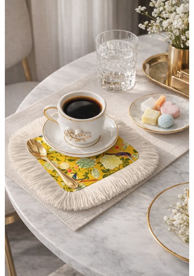 Çiçekli Kuşlu Saçaklı Sunum Peçetesi - Vintage Bahar Sarı Naturel Krem Bardak Altlığı Mendil Çok Renkli