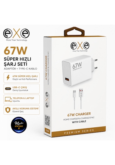 Exe 67w Hızlı Şarj Adaptörü Type-c Kablolu Süper Hızlı Şarj Seti 0