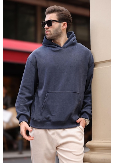 Madmext Füme Kapüşonlu Cep Detaylı Dokulu Sweatshirt E7101 Füme