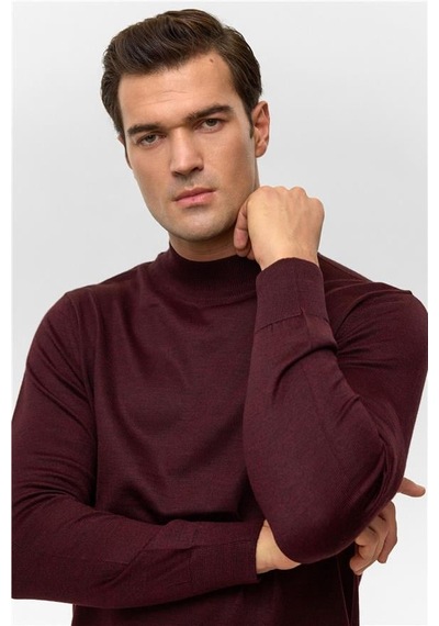Süvari Koyu Bordo Regular Düz Yarım Balıkçı Yaka Triko Koyu Bordo