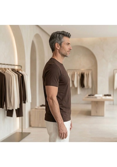 D's Damat Erkek T-shirt, Regular Fit Bisiklet Yaka Esnek Pamuklu Günlük Kısa Kollu Tişört Koyu Kahverengi Renkli
